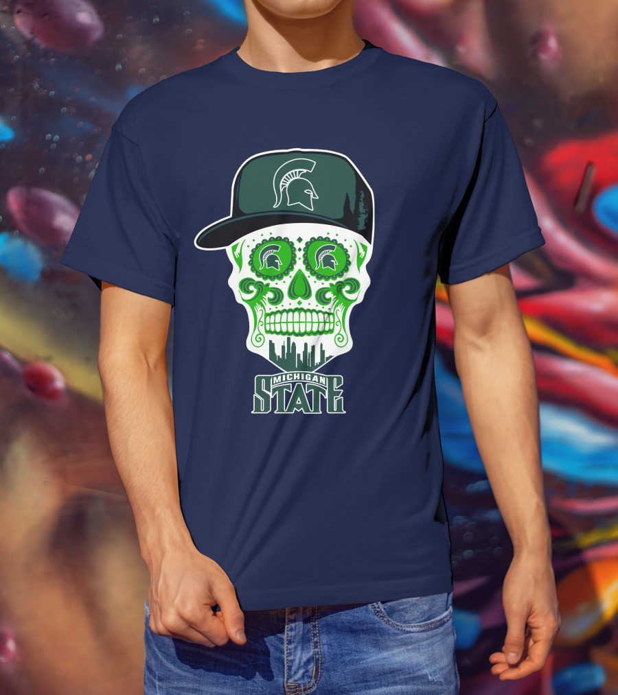 Michigan State Spartans Sugar Skull With Spartan Helmet Icon And City Skyline T-Shirt