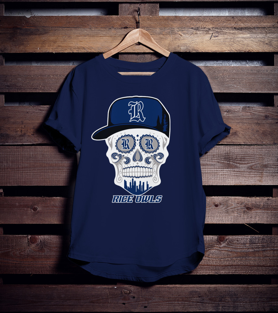 Rice Owls Skull With Cap And City Skyline T-Shirt