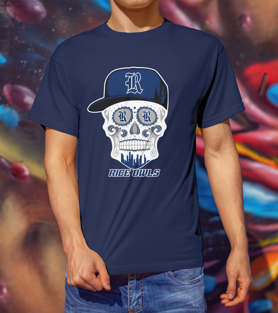 Rice Owls Skull With Cap And City Skyline T-Shirt
