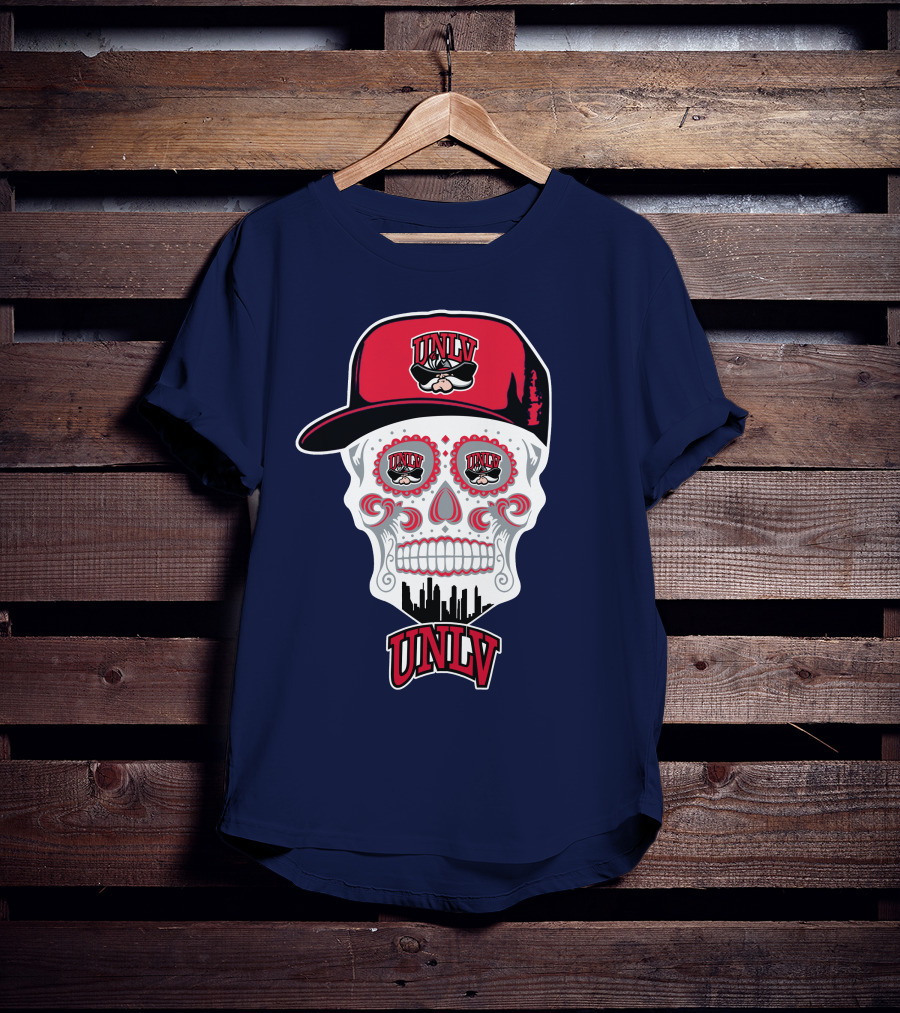 Unlv Rebels Skull With Cap Design Featuring Mascot Logo And Skyline T-Shirt