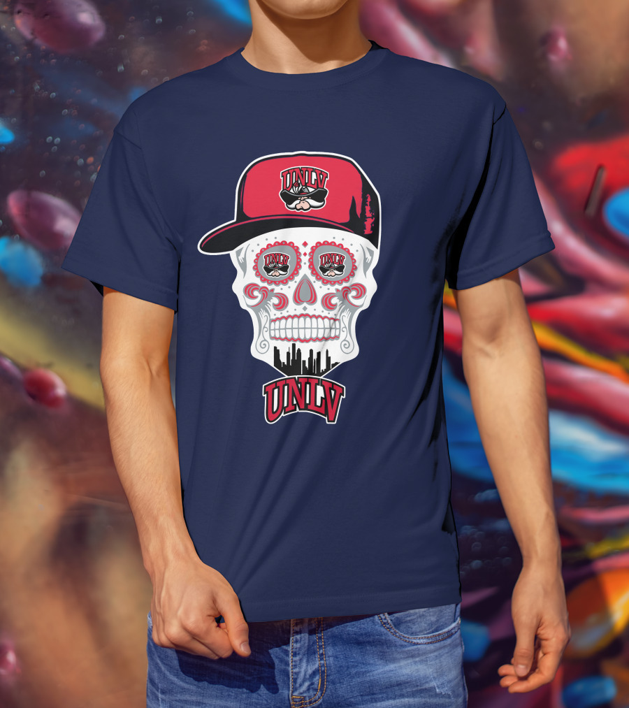 Unlv Rebels Skull With Cap Design Featuring Mascot Logo And Skyline T-Shirt
