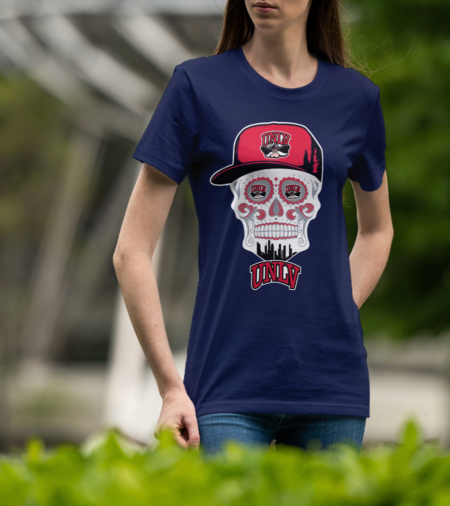Unlv Rebels Skull With Cap Design Featuring Mascot Logo And Skyline T-Shirt