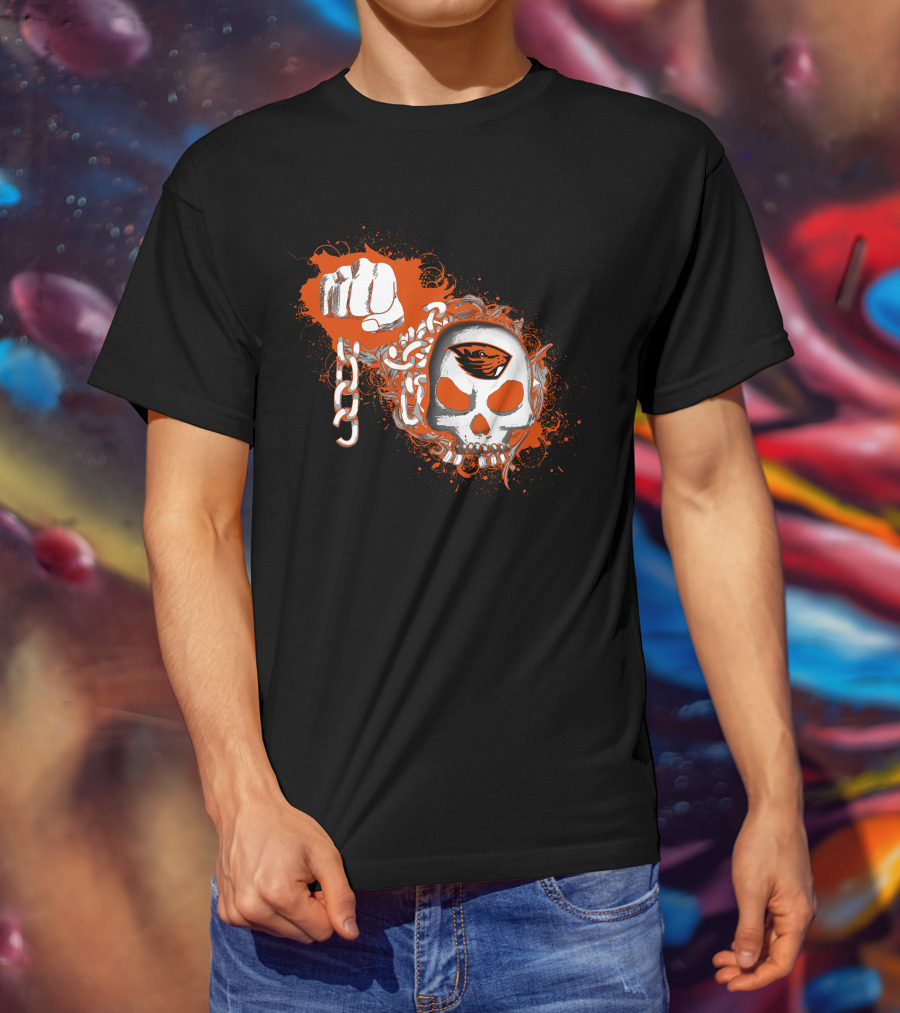 Oregon State Beavers Skull With Orange Logos Fist And Chains T-Shirt