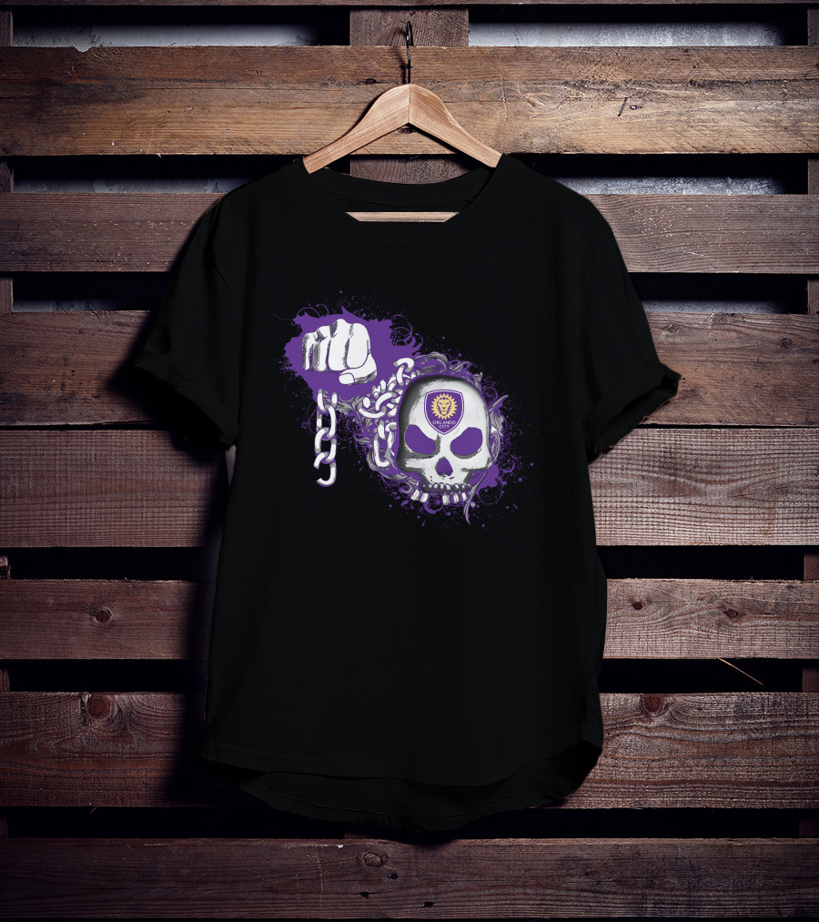 Orlando City Sc Skull Emblem With Purple Fist And Chains T-Shirt