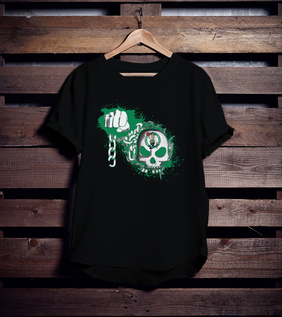 Boston Celtics Skull With Fist And Chain Motif T-Shirt