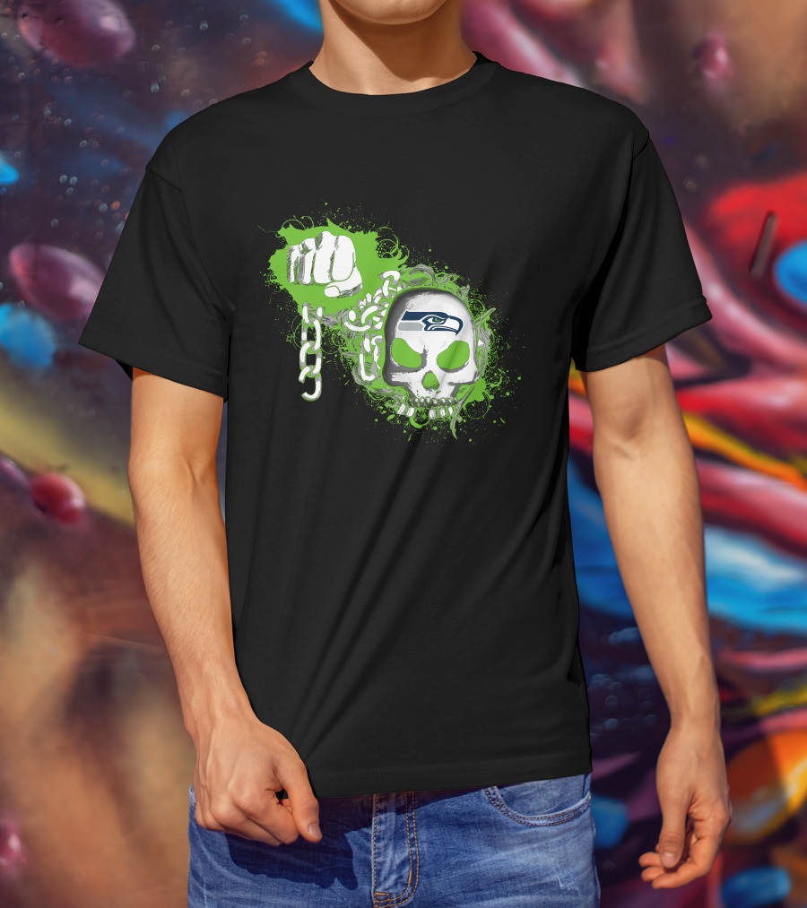 Seattle Seahawks Skull With Green Splatter And Chain Fist T-Shirt