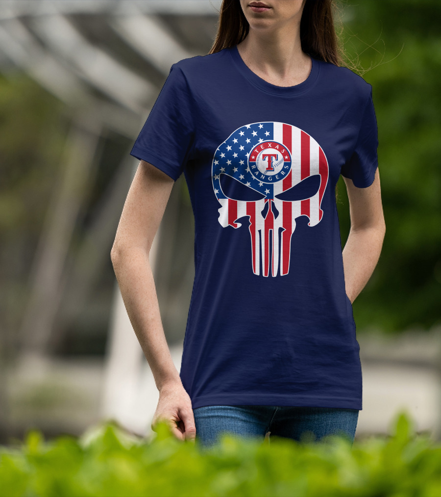Texas Rangers Punisher Skull American Flag T-Shirt