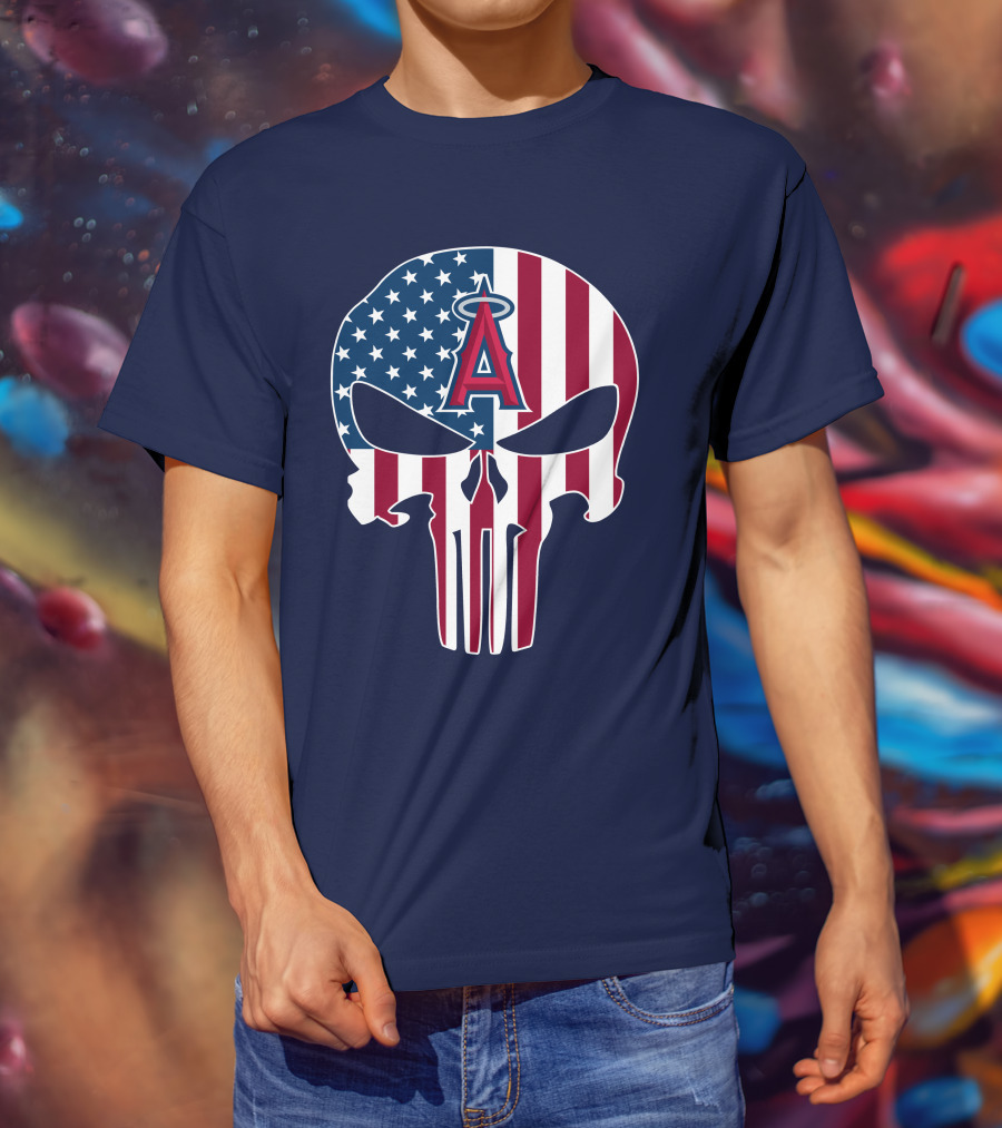 Los Angeles Angels Punisher Skull American Flag T-Shirt