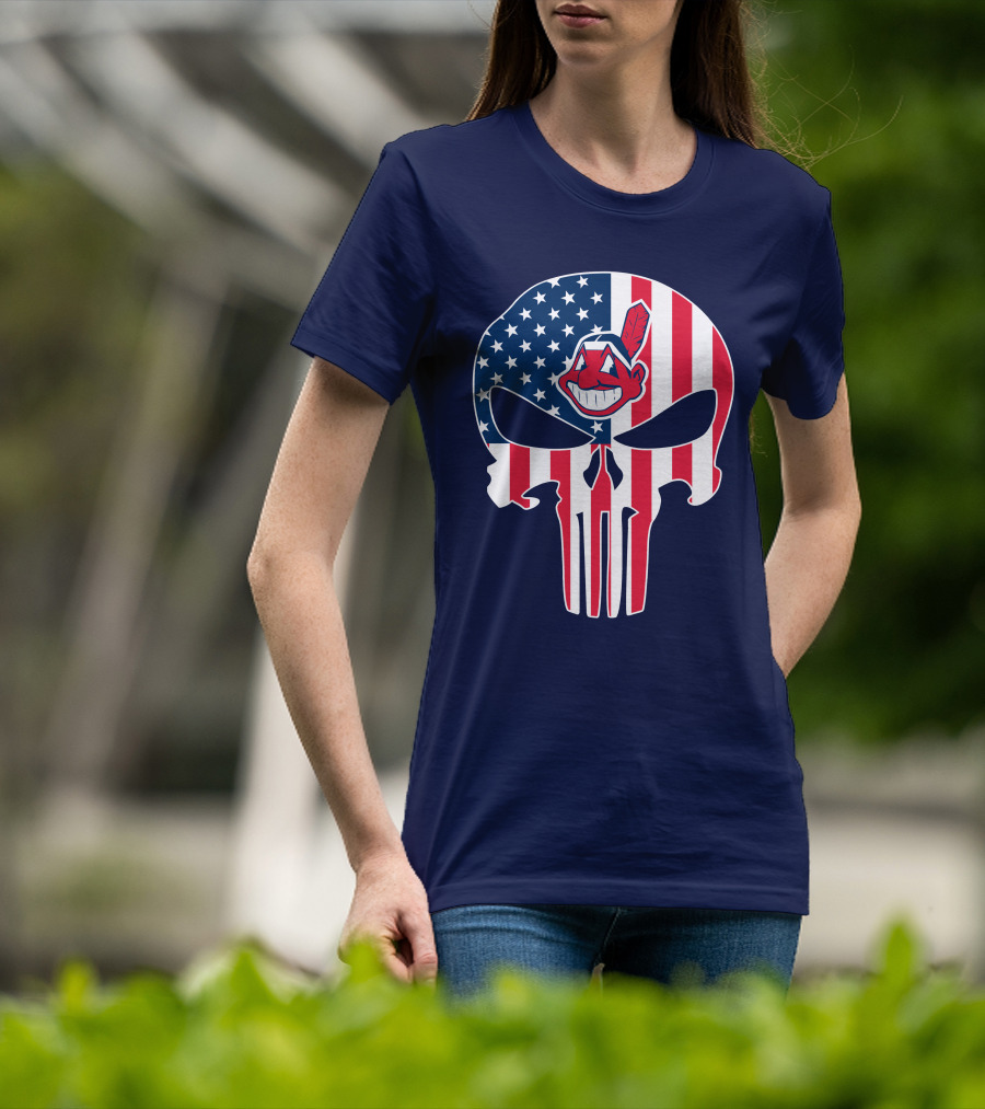 Indians The Punisher Skull American Flag Red White Blue T-Shirt