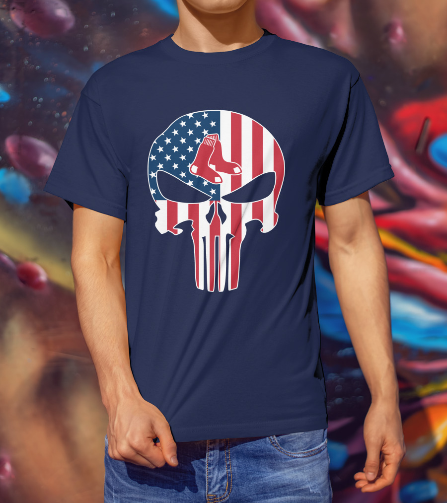 Boston Red Sox Skull American Flag Socks Crossover T-Shirt