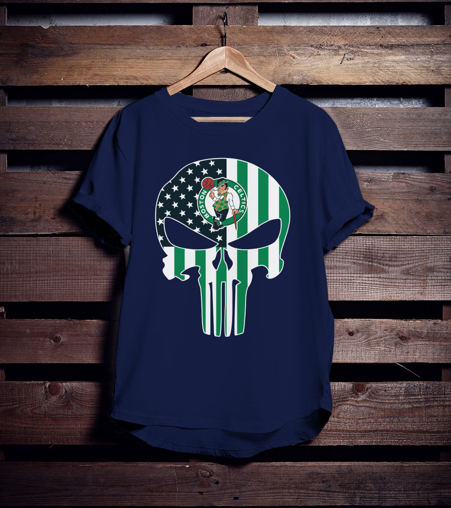 Boston Celtics Punisher Logo American Flag Skull T-Shirt