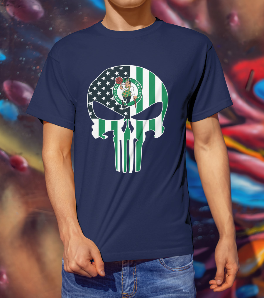 Boston Celtics Punisher Logo American Flag Skull T-Shirt