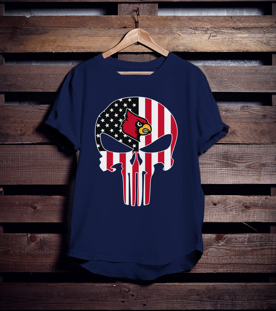 American Flag Punisher Skull Louisville Cardinals T-Shirt