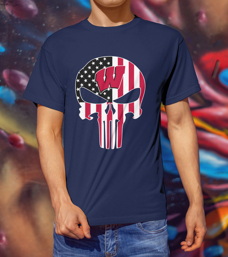 Wisconsin Badgers Punisher Skull American Flag T-Shirt