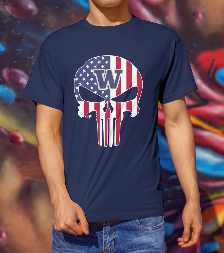 Washington Huskies The Punisher American Flag Skull W T-Shirt