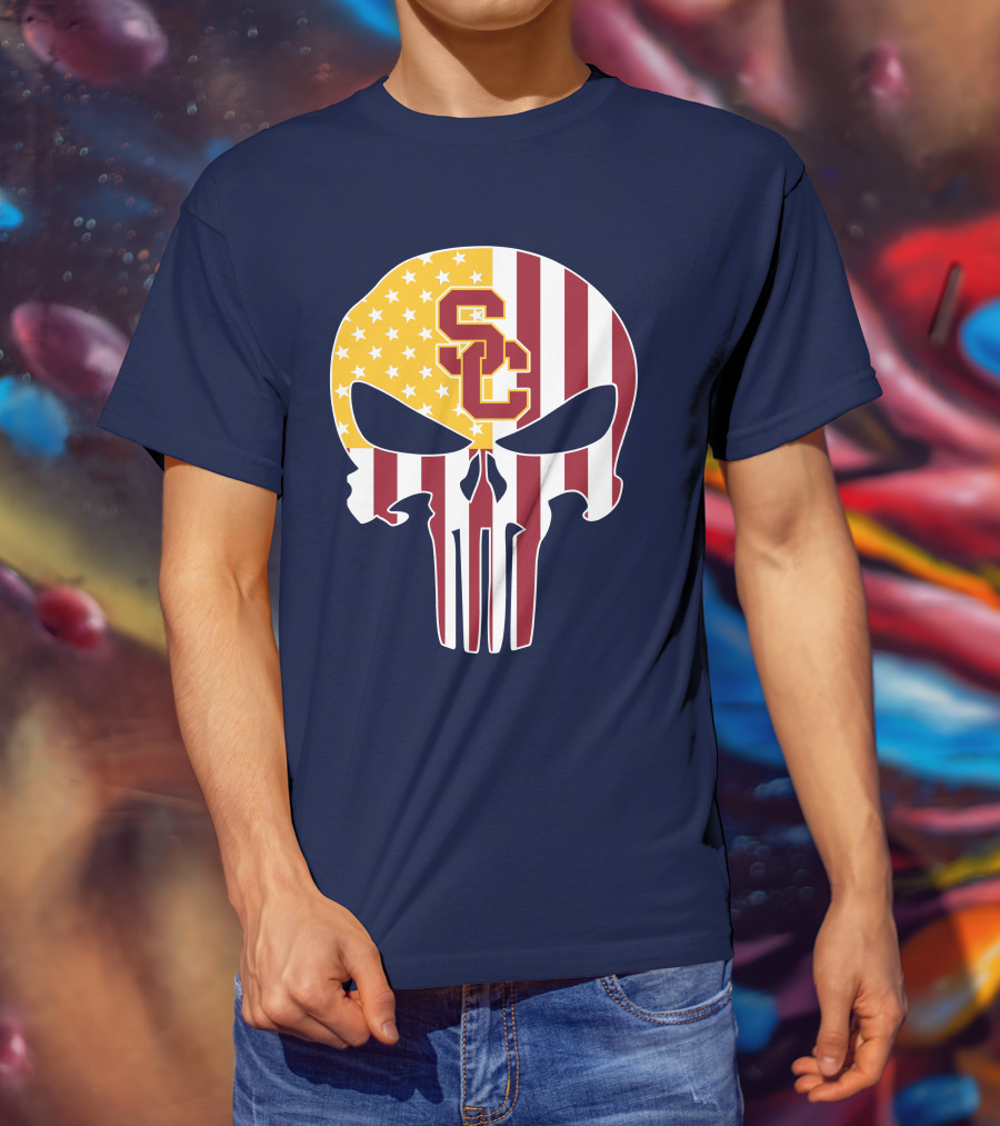 Usc Trojans Skull Punisher American Flag T-Shirt