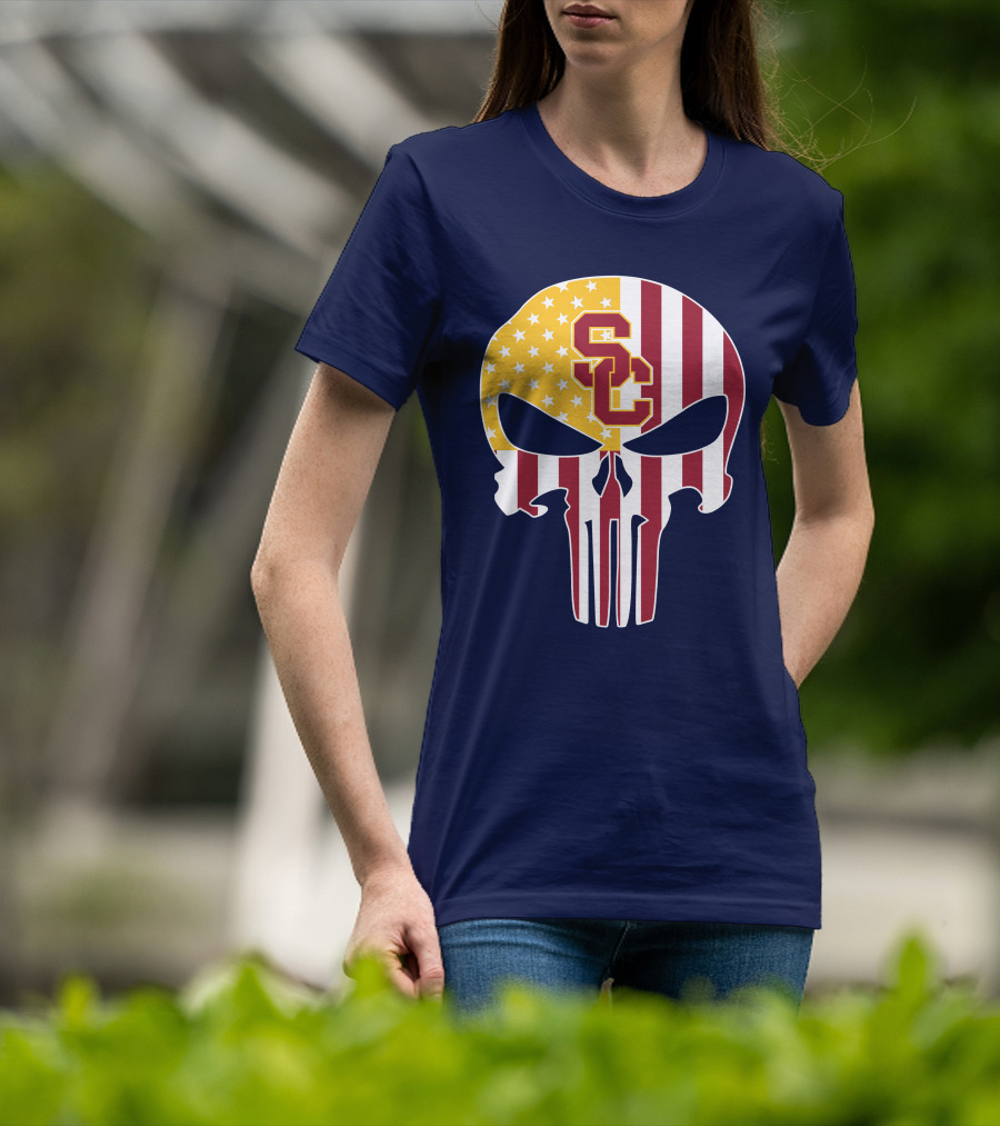 Usc Trojans Skull Punisher American Flag T-Shirt