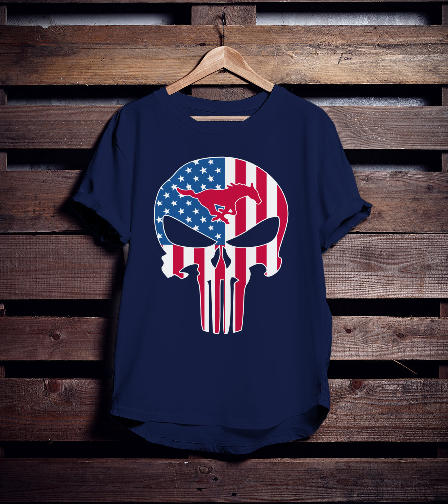Smu Mustangs The Punisher American Flag Skull Iconic Symbol T-Shirt