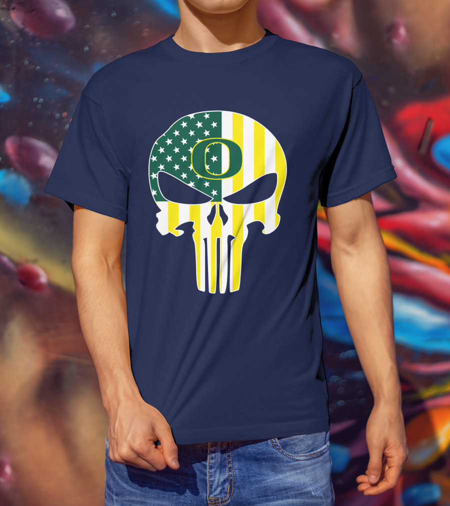 Oregon Ducks Punisher Skull American Flag T-Shirt
