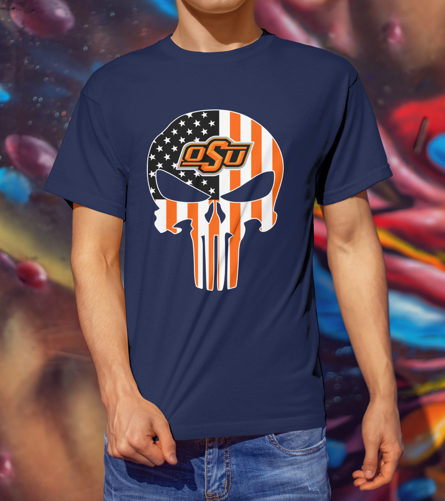 Oklahoma State Cowboys 32 Punisher Skull Osu American Flag T-Shirt