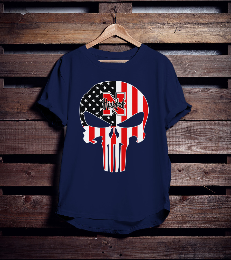 Nebraska Cornhuskers Punisher Skull American Flag T-Shirt