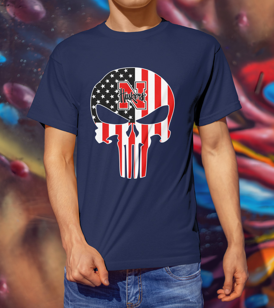 Nebraska Cornhuskers Punisher Skull American Flag T-Shirt