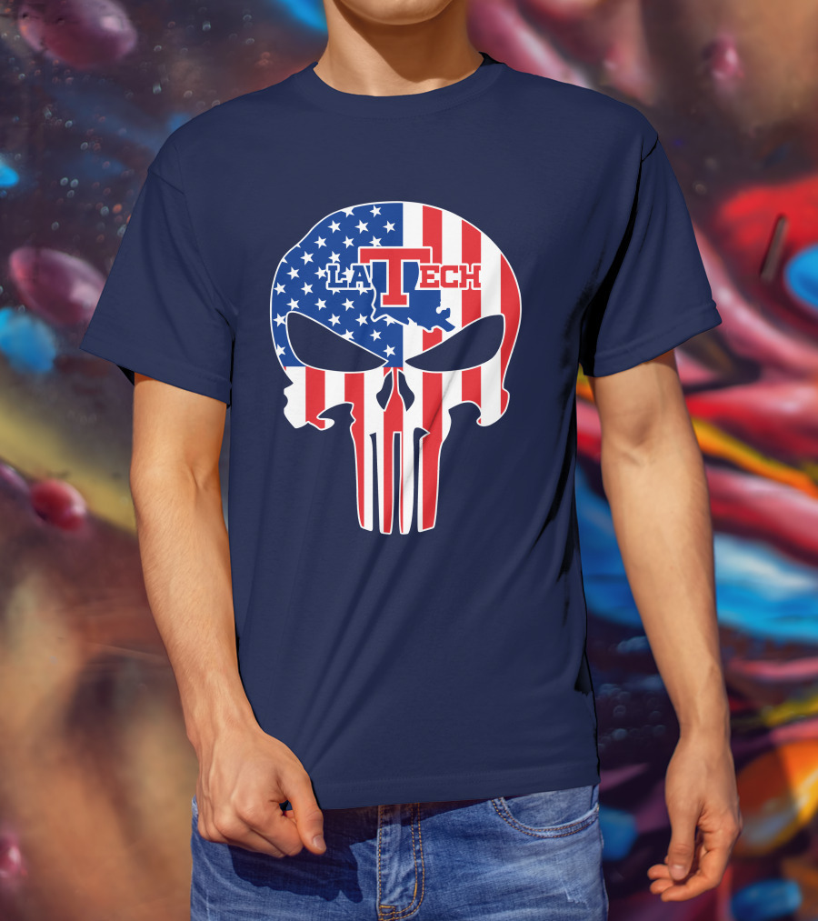 Louisiana Tech Bulldogs La Tech Skull American Flag Punisher T-Shirt