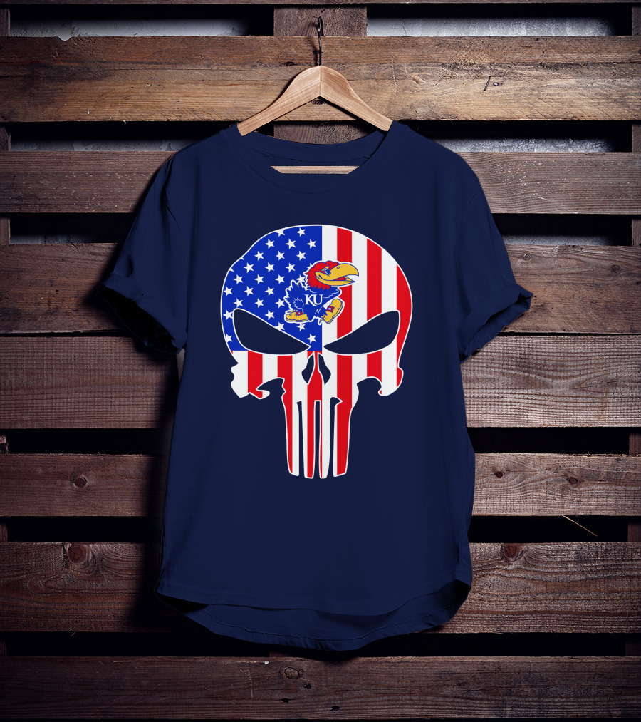 Kansas Jayhawks The Punisher American Flag Skull T-Shirt