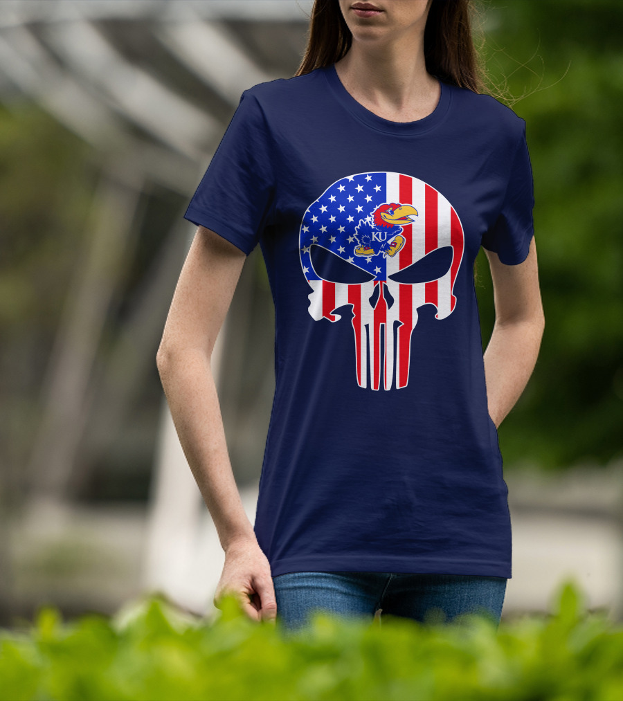 Kansas Jayhawks The Punisher American Flag Skull T-Shirt
