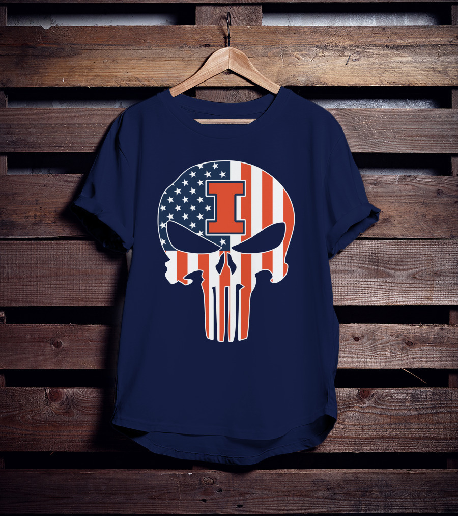 Illinois Fighting Illini Skull Punisher American Flag I T-Shirt