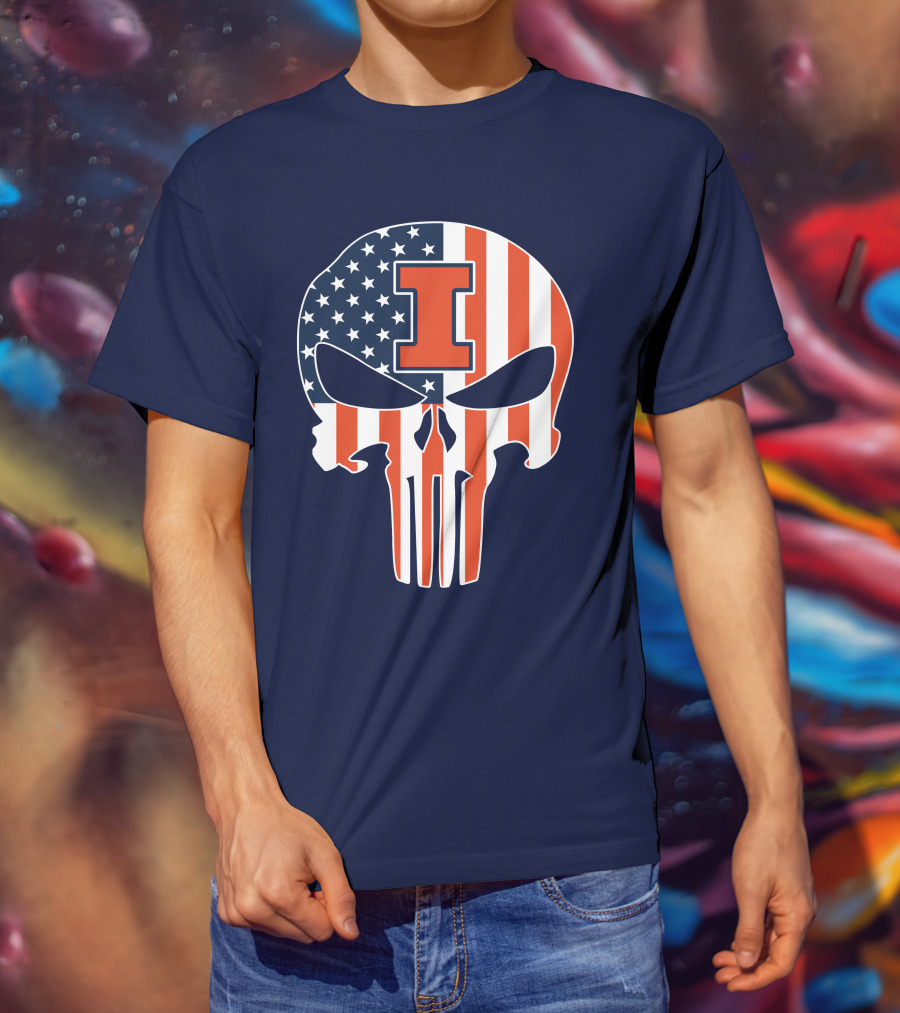 Illinois Fighting Illini Skull Punisher American Flag I T-Shirt
