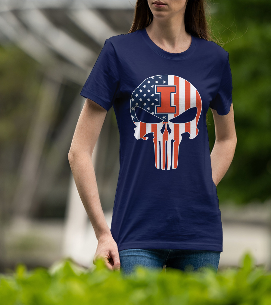 Illinois Fighting Illini Skull Punisher American Flag I T-Shirt