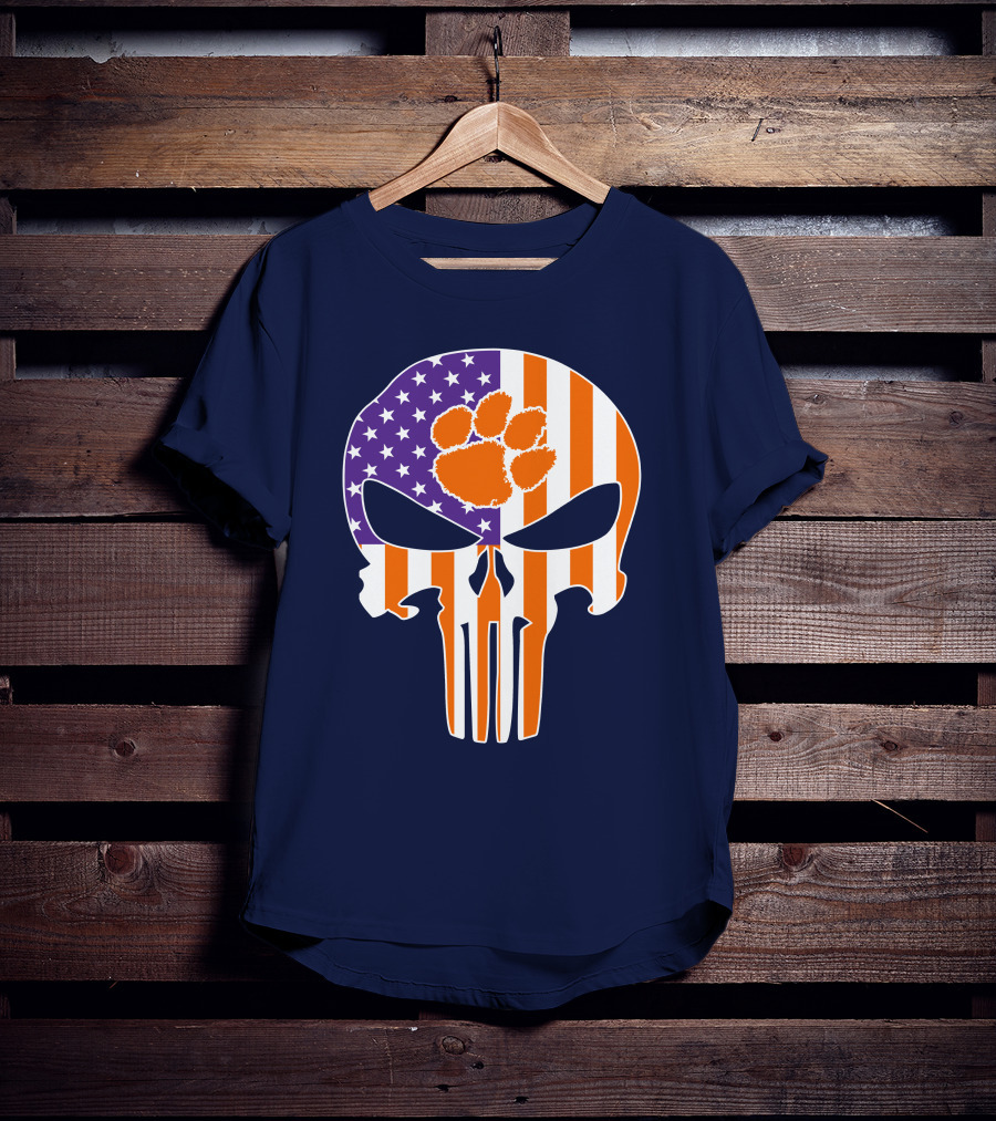 Clemson Tigers The Punisher American Flag Skull Paw T-Shirt