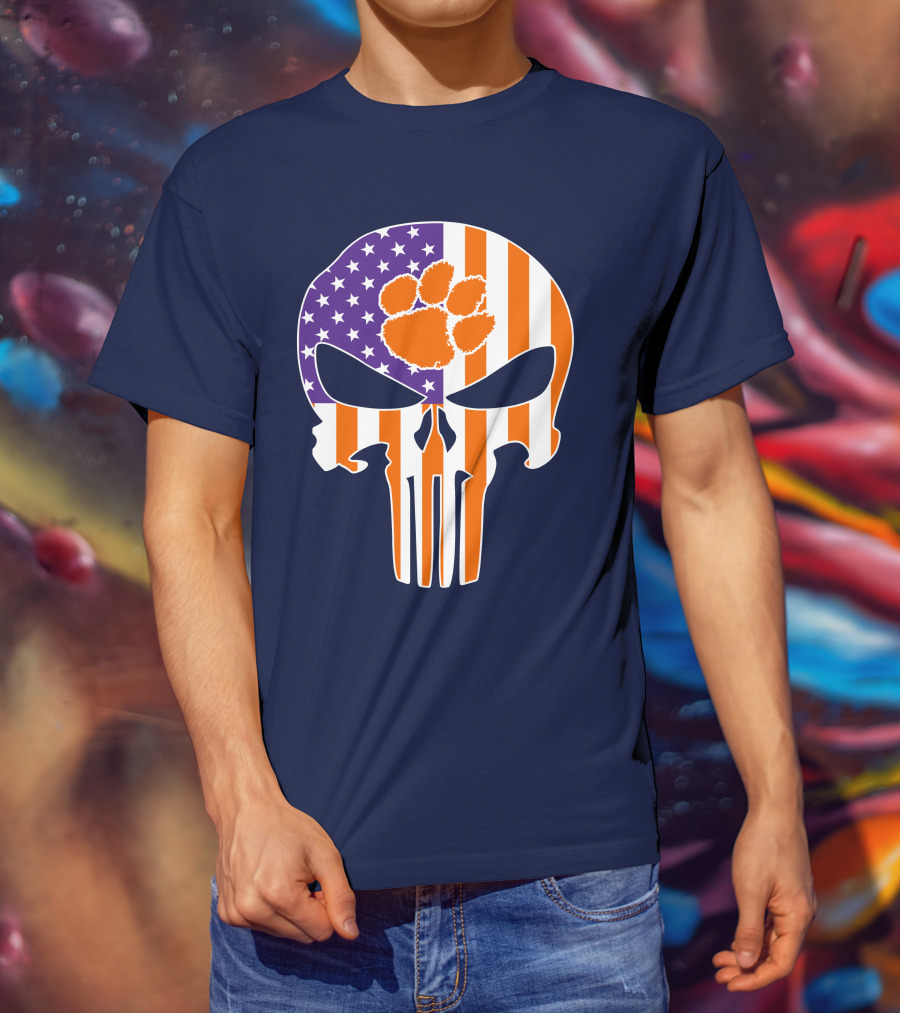 Clemson Tigers The Punisher American Flag Skull Paw T-Shirt