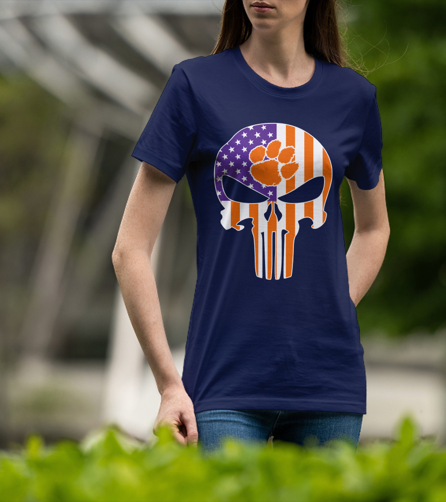 Clemson Tigers The Punisher American Flag Skull Paw T-Shirt