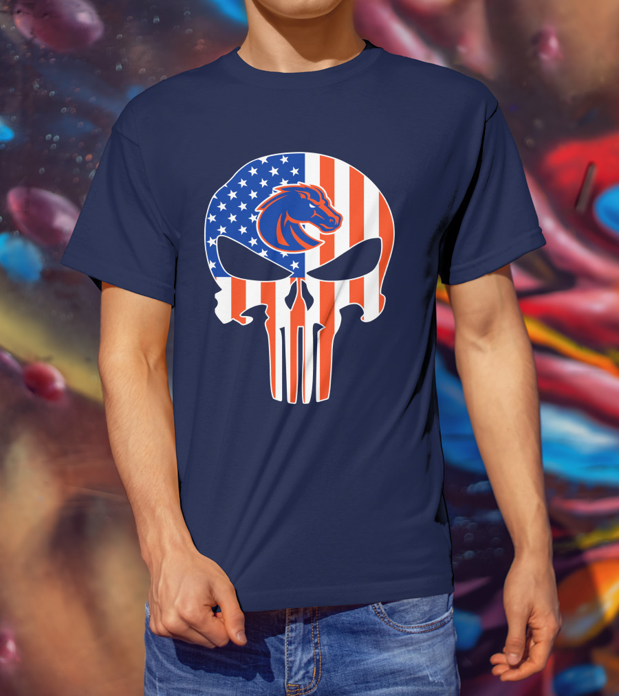 Boise State Broncos The Punisher American Flag Skull T-Shirt