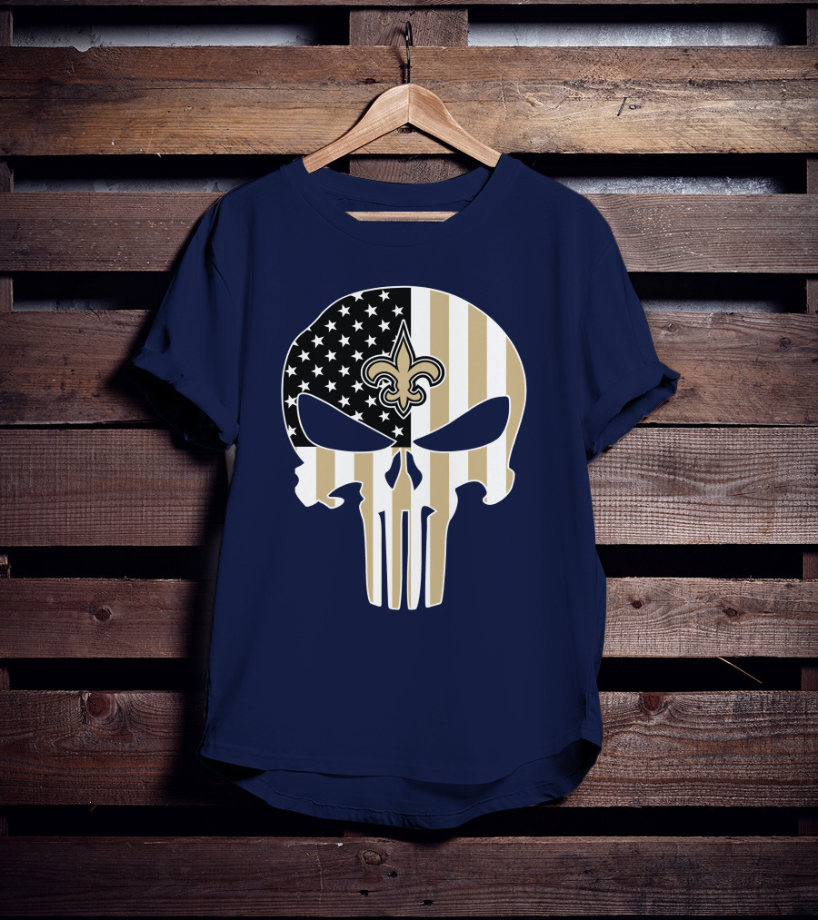 New Orleans Saints The Punisher American Flag Skull Fleur-De-Lis T-Shirt