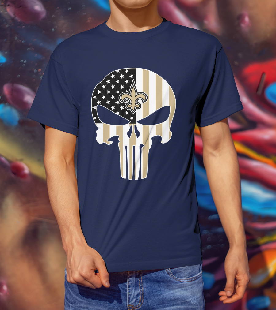 New Orleans Saints The Punisher American Flag Skull Fleur-De-Lis T-Shirt