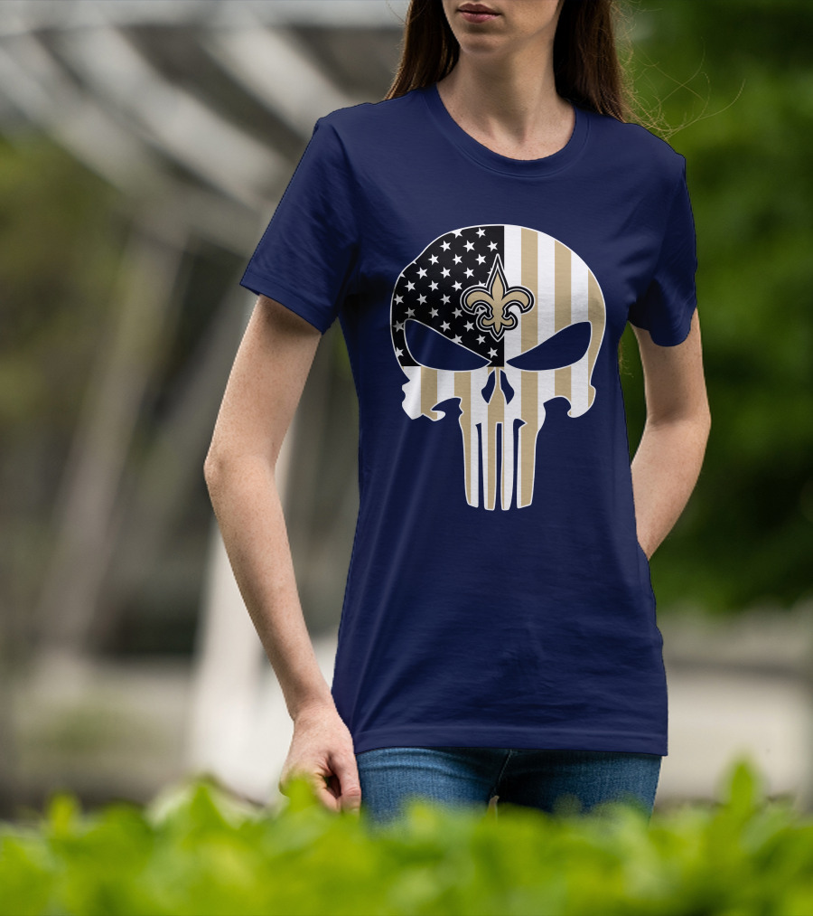 New Orleans Saints The Punisher American Flag Skull Fleur-De-Lis T-Shirt