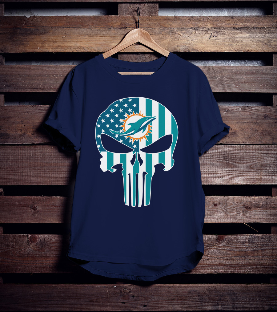 Miami Dolphins The Punisher American Flag Skulls T-Shirt