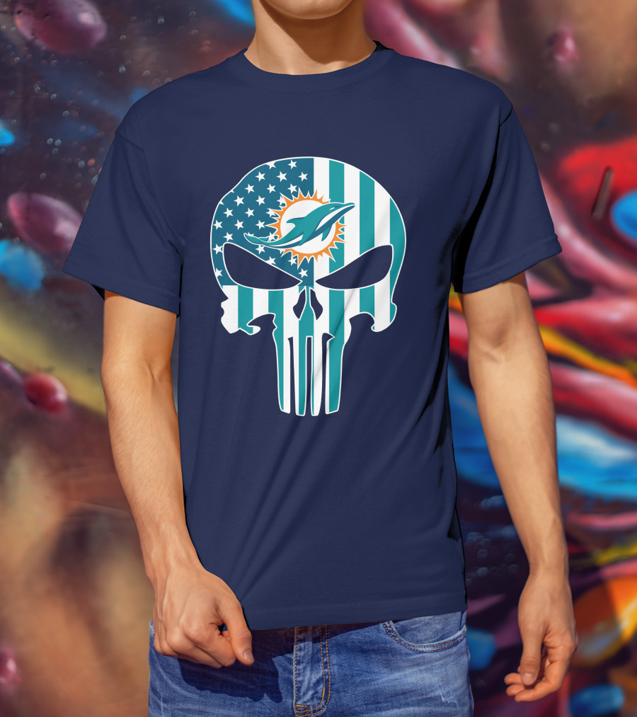 Miami Dolphins The Punisher American Flag Skulls T-Shirt