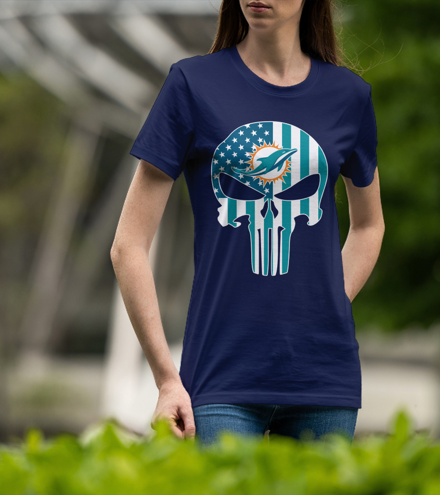 Miami Dolphins The Punisher American Flag Skulls T-Shirt