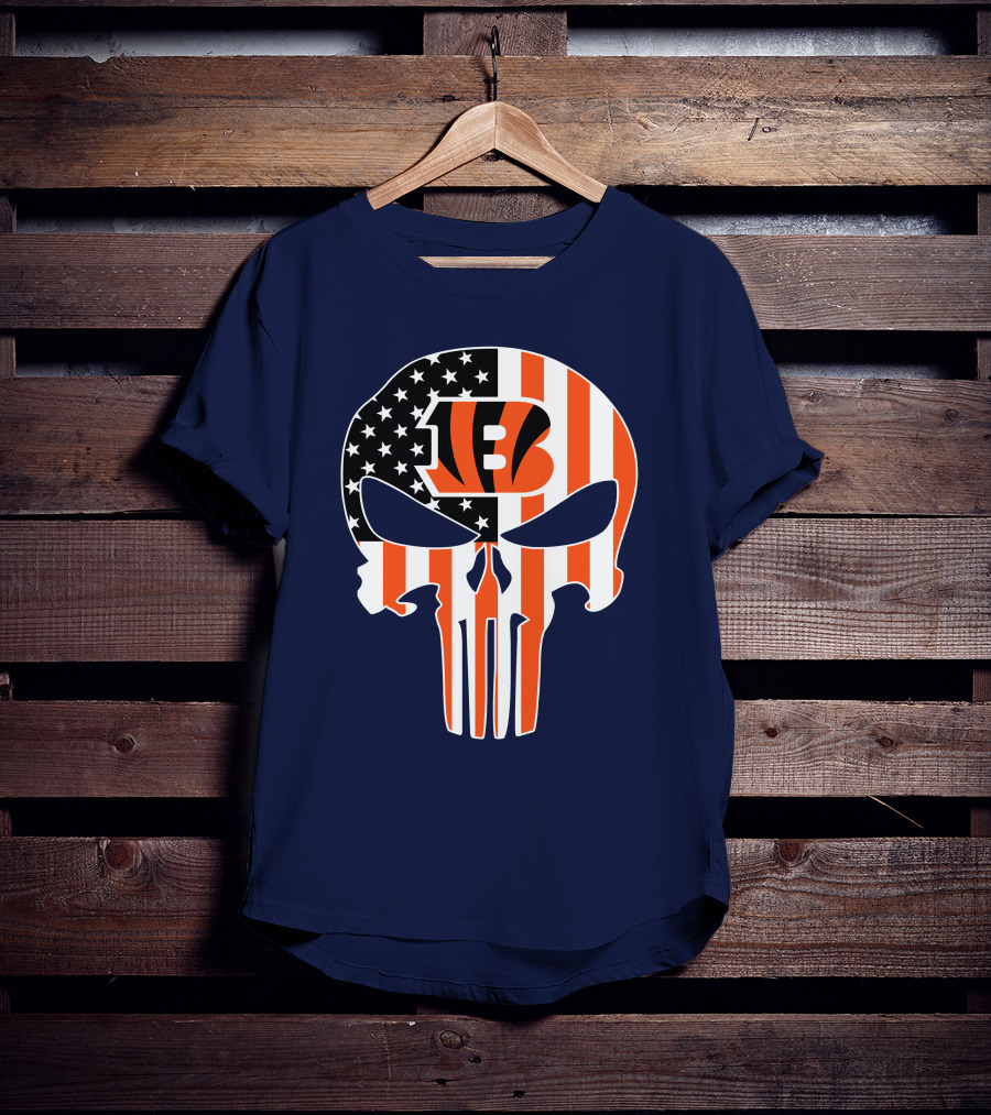 Cincinnati Bengals Skull Logo American Flag T-Shirt