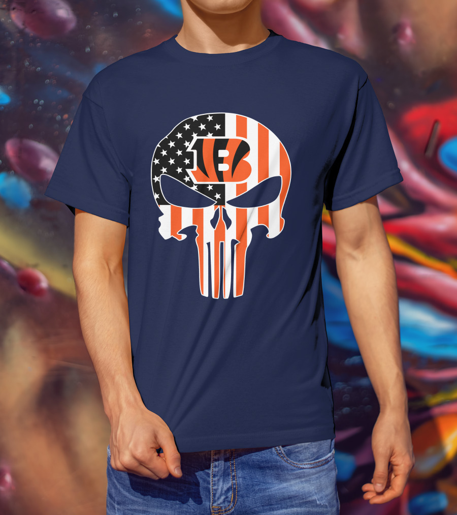 Cincinnati Bengals Skull Logo American Flag T-Shirt