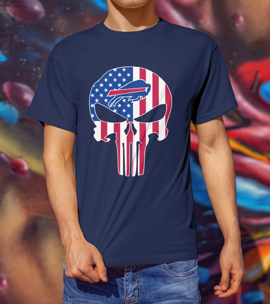 Buffalo Bills The Punisher Skull American Flag Logo Patriotic Sports Fan T-Shirt