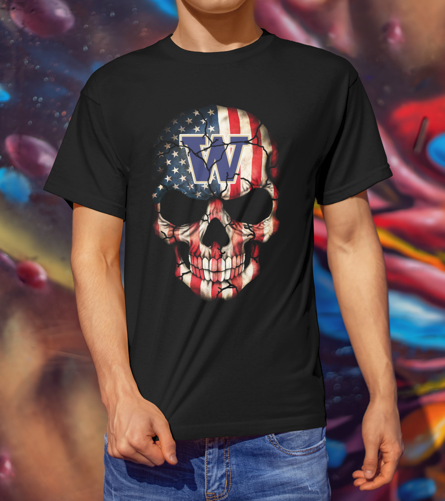 W Washington Huskies American Flag Skull T-Shirt