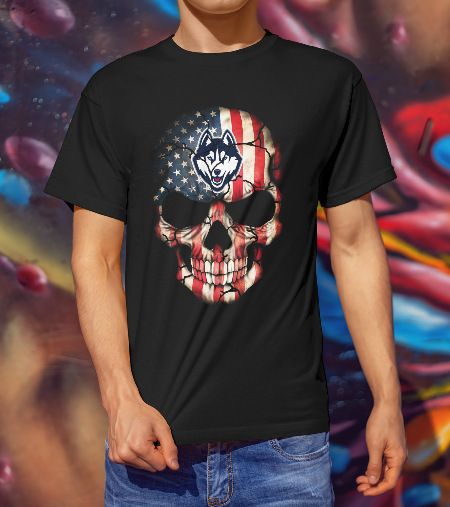 Uconn Huskies American Flag Skull T-Shirt