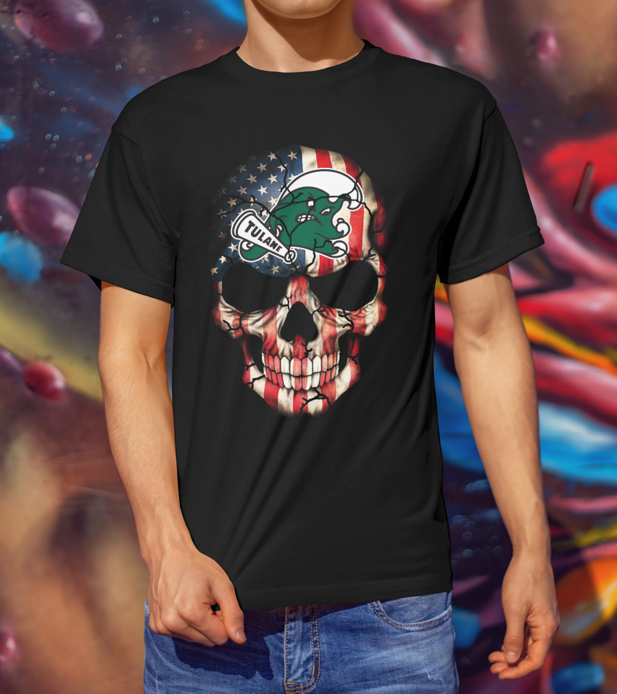 Patriotic Skull With Tulane Green Wave Logo On American Flag Style T-Shirt