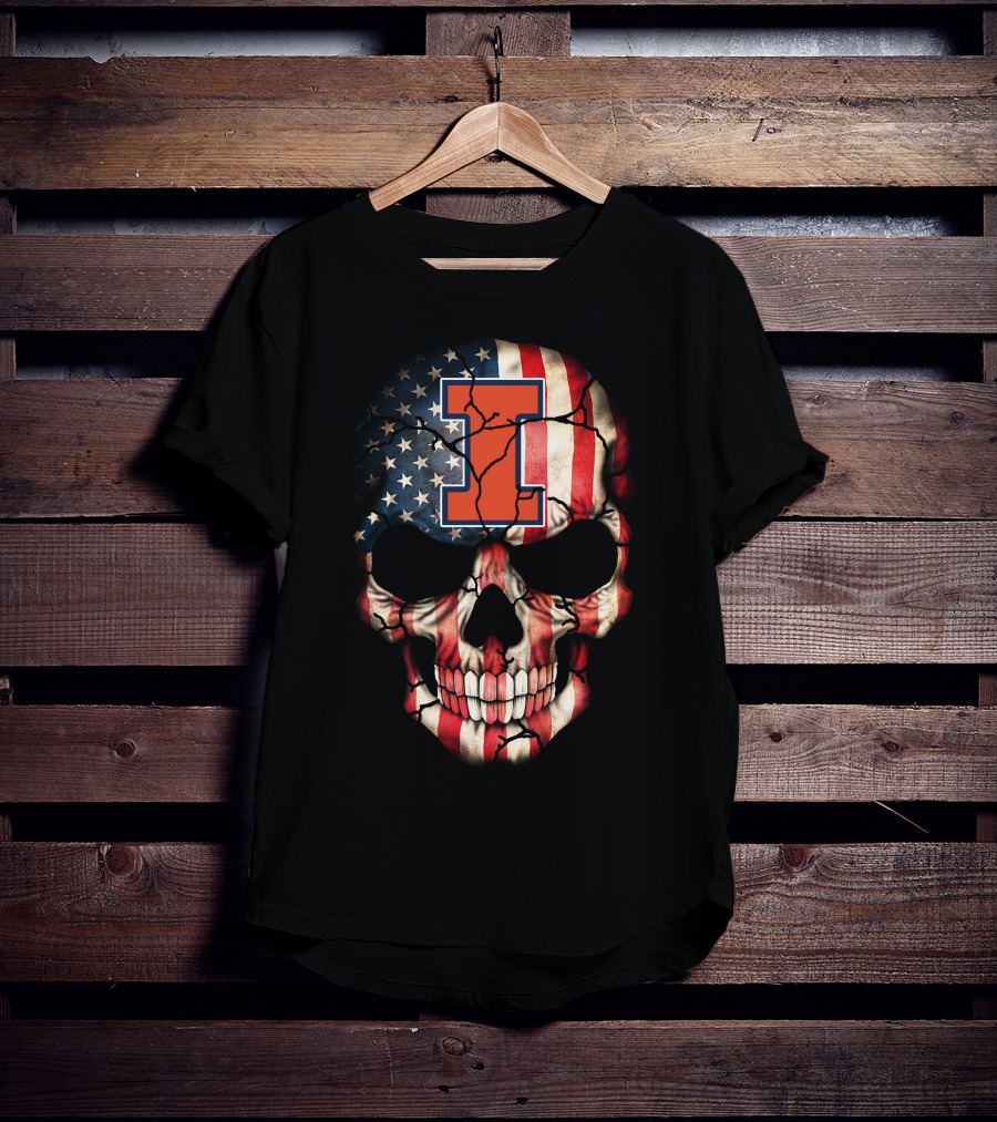 I Illinois Fighting Illini American Flag Skull 84 T-Shirt