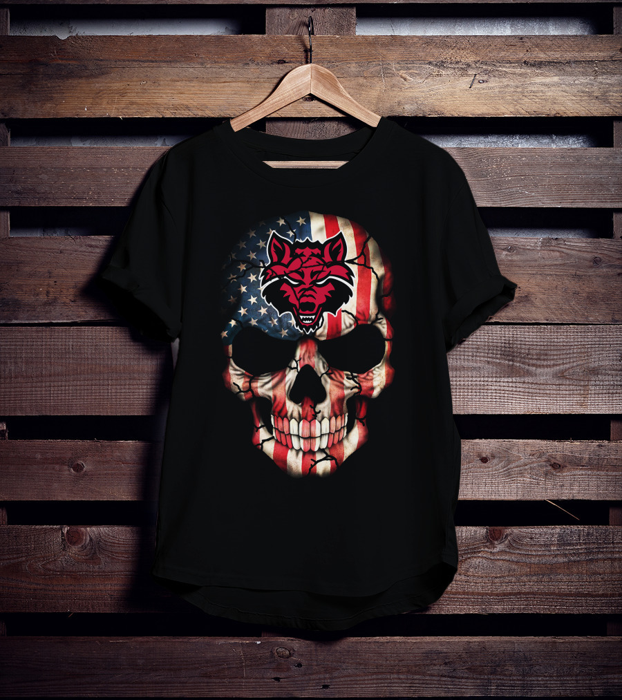 Arkansas State Red Wolves American Flag Skull T-Shirt